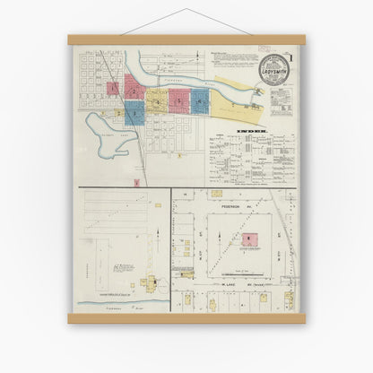 Old map wall art mockup — magnetic wood frame on white wall — Sanborn Fire Insurance Map from Ladysmith, Rusk County, Wisconsin (1909) - Complete Map Set