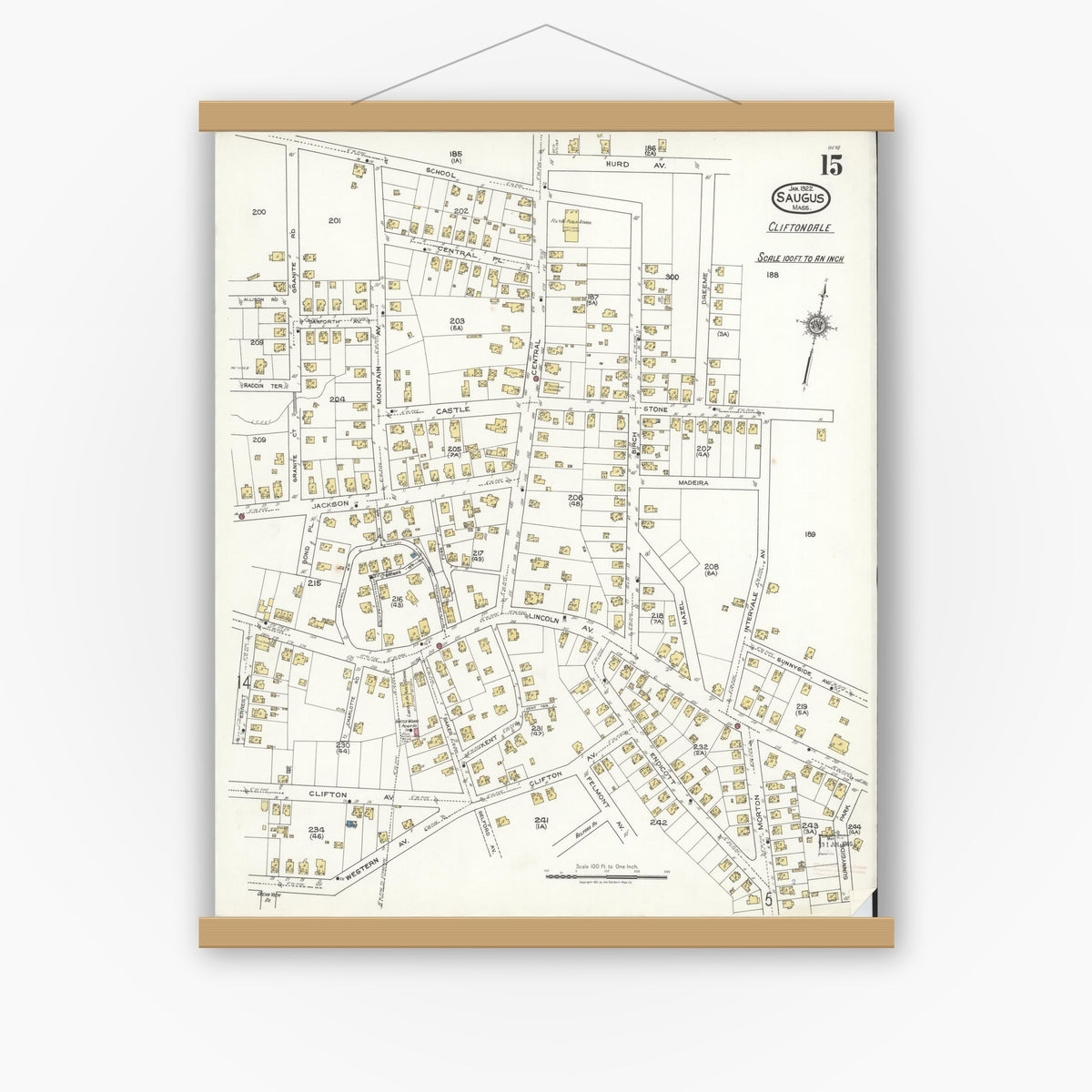 Old map wall art mockup — magnetic wood frame on white wall — Sanborn Fire Insurance Map from Saugus, Essex County, Massachusetts (1922), Sheet #0015