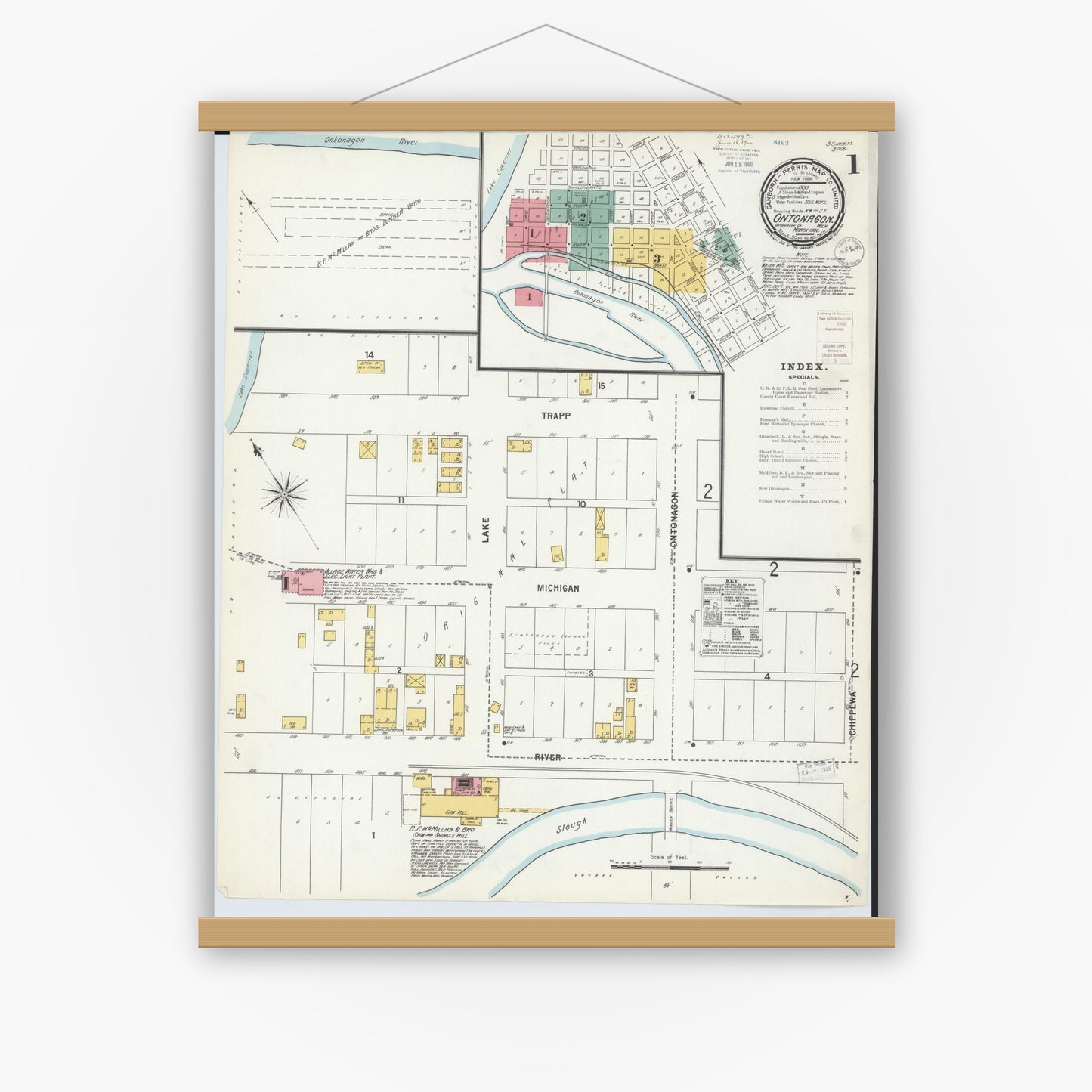 Old map wall art mockup — magnetic wood frame on white wall — Sanborn Fire Insurance Map from Ontonagon, Ontonagon County, Michigan (1900) - Complete Map Set