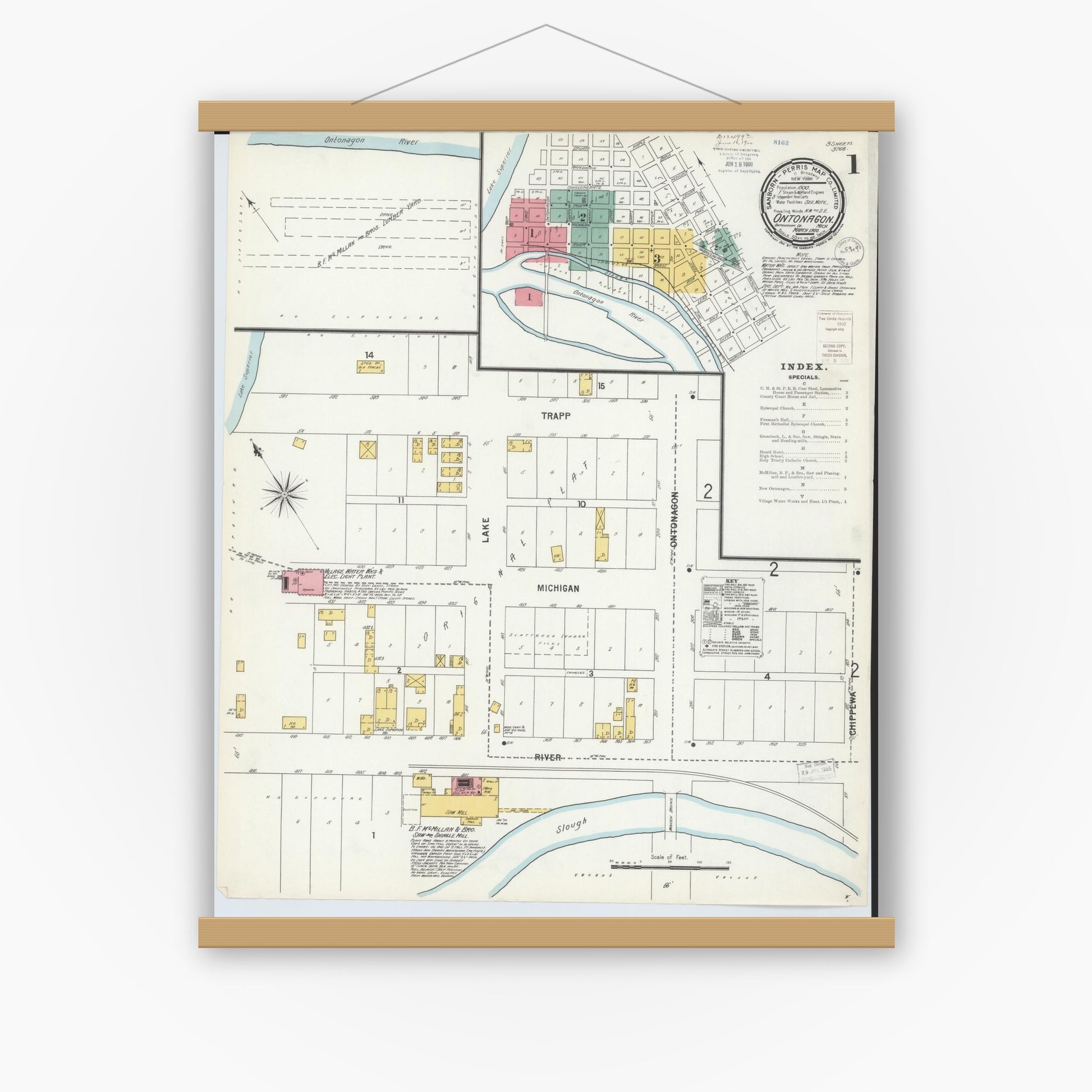 Old map wall art mockup — magnetic wood frame on white wall — Sanborn Fire Insurance Map from Ontonagon, Ontonagon County, Michigan (1900) - Complete Map Set