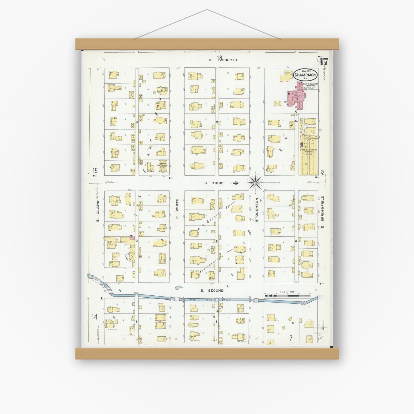 Old map wall art mockup — magnetic wood frame on white wall — Sanborn Fire Insurance Map from Champaign, Champaign County, Illinois (1909), Sheet #0017