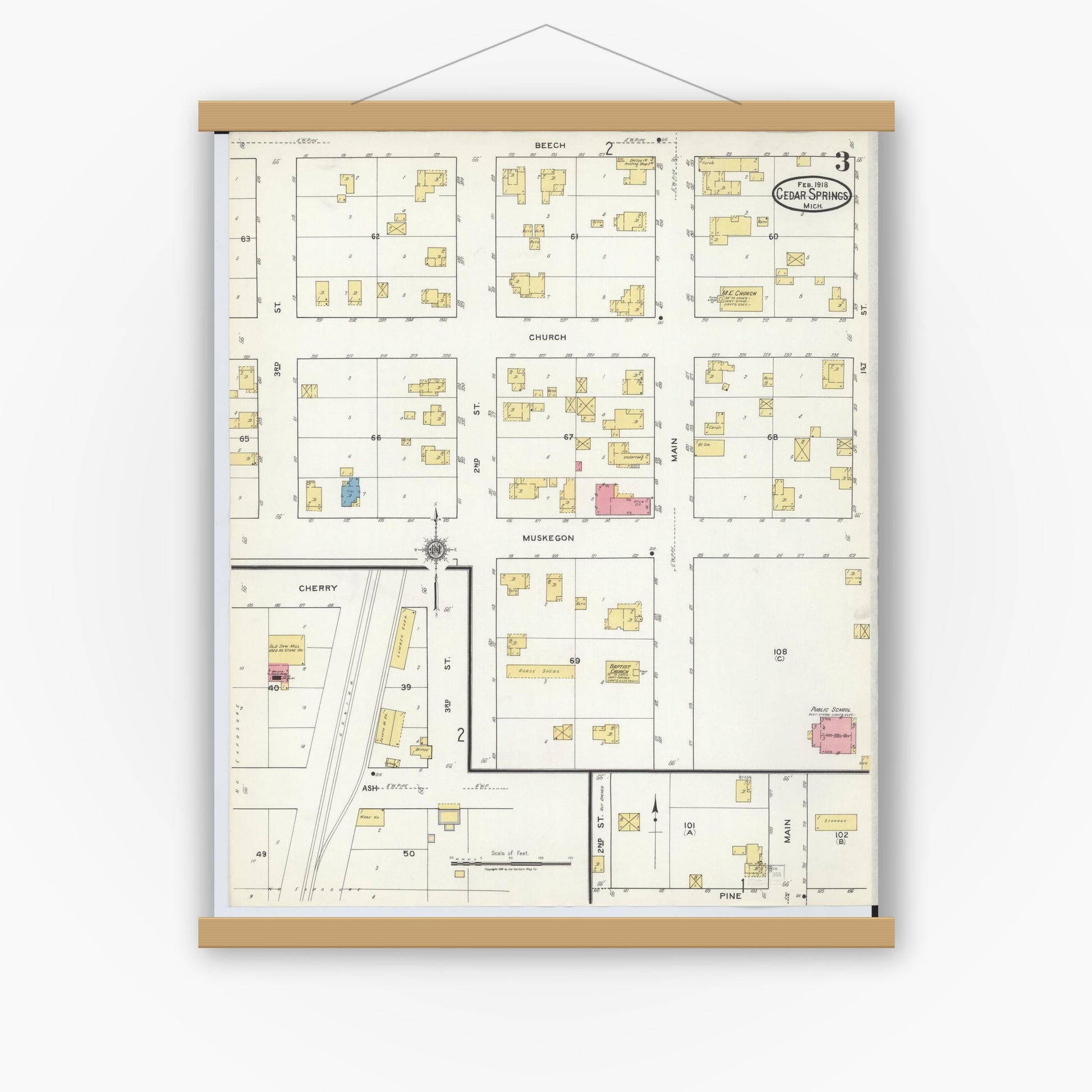 Old map wall art mockup — magnetic wood frame on white wall — Sanborn Fire Insurance Map from Cedar Springs, Kent County, Michigan (1918), Sheet #0003