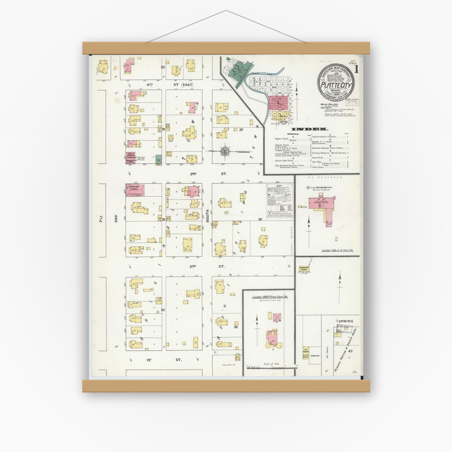 Old map wall art mockup — magnetic wood frame on white wall — Sanborn Fire Insurance Map from Platte City, Platte County, Missouri (1909), Sheet #0001