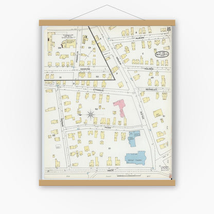 Old map wall art mockup — magnetic wood frame on white wall — Sanborn Fire Insurance Map from Malden, Middlesex County, Massachusetts (1892), Sheet #0008
