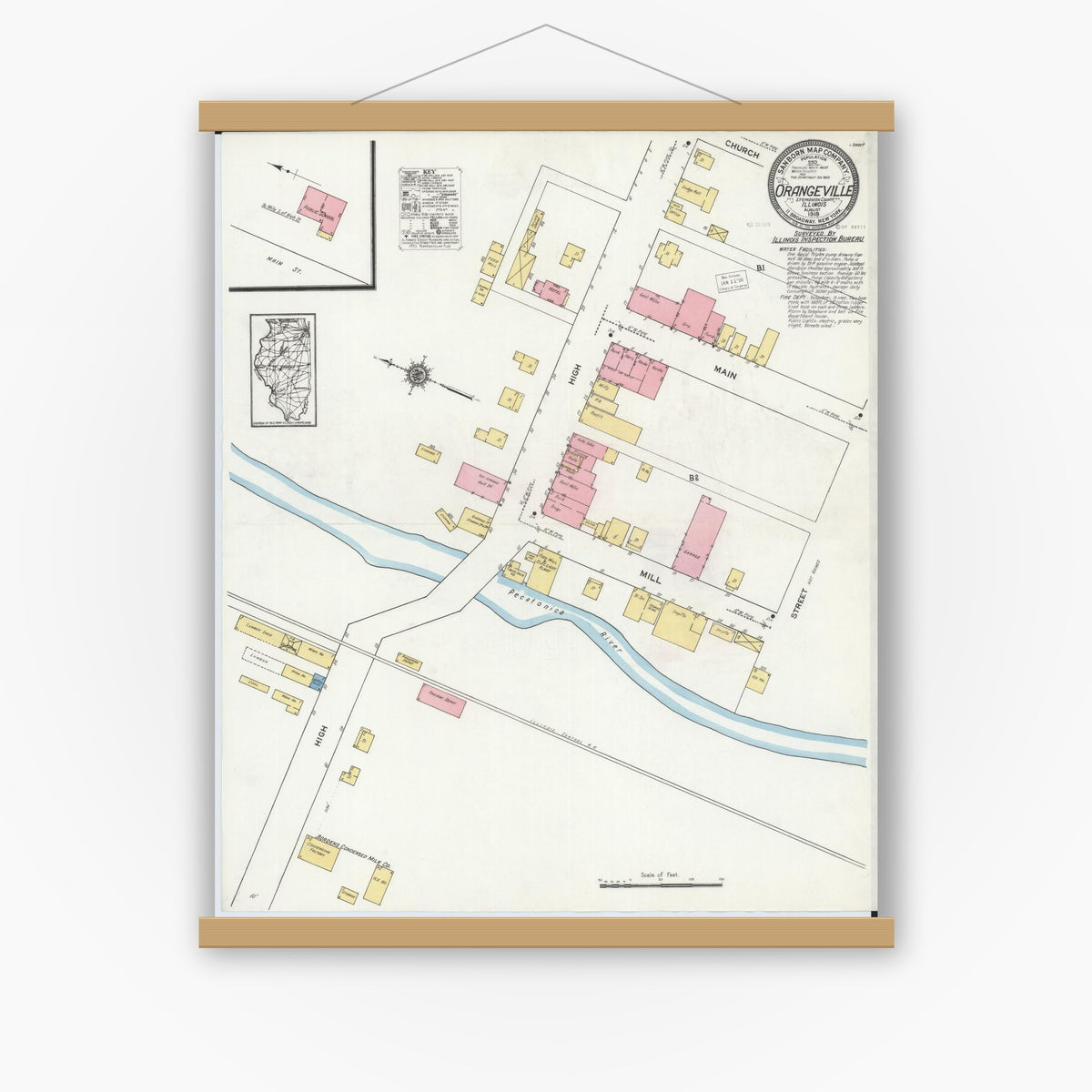 Old map wall art mockup — magnetic wood frame on white wall — Sanborn Fire Insurance Map from Orangeville, Stephenson County, Illinois (1919), Sheet #0001