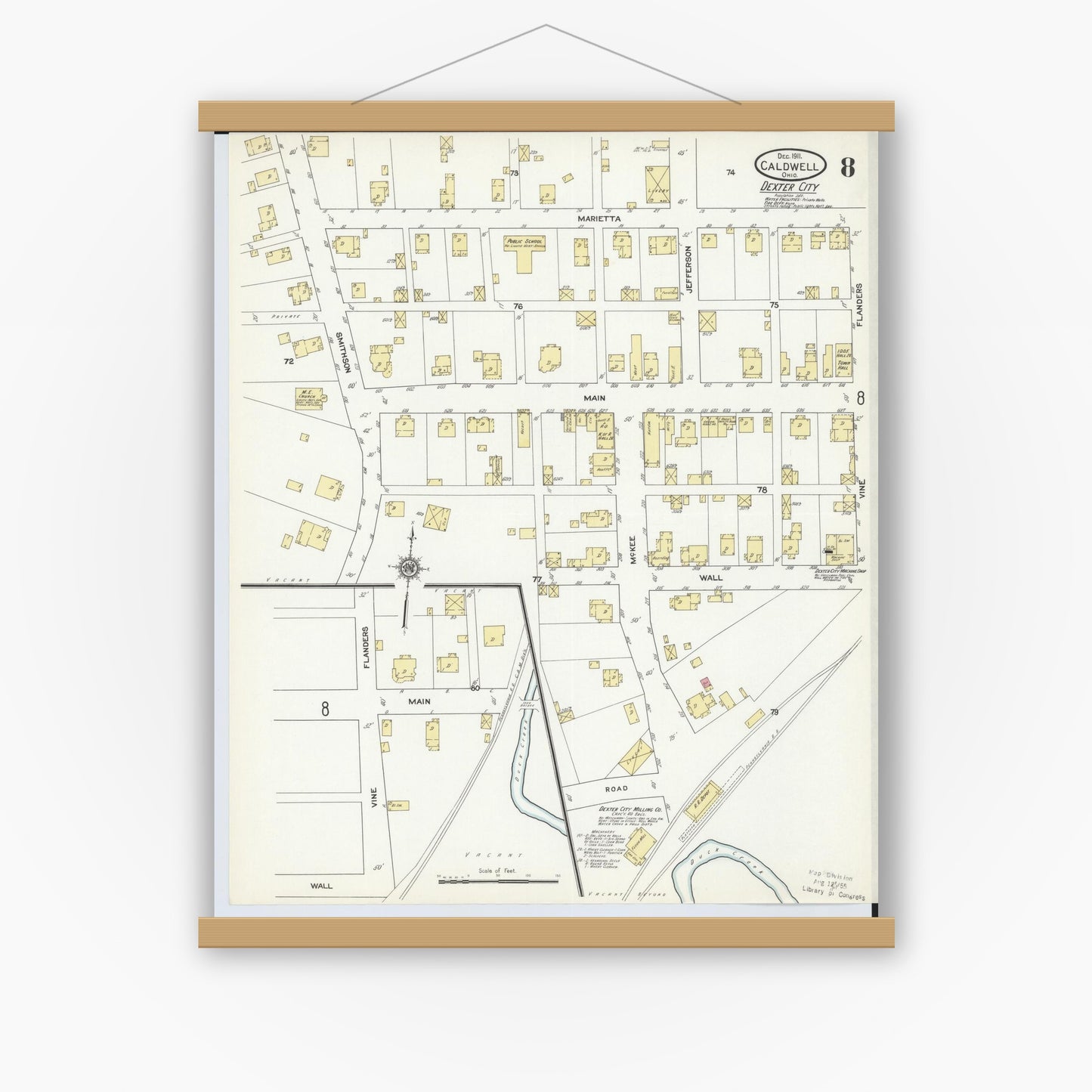 Old map wall art mockup — magnetic wood frame on white wall — Sanborn Fire Insurance Map from Caldwell, Noble County, Ohio (1911), Sheet #0008