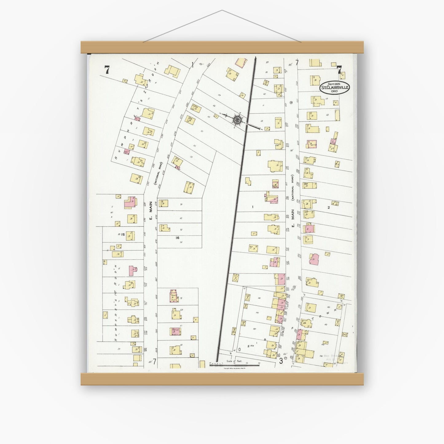 Old map wall art mockup — magnetic wood frame on white wall — Sanborn Fire Insurance Map from Saint Clairsville, Belmont County, Ohio (1924), Sheet #0007