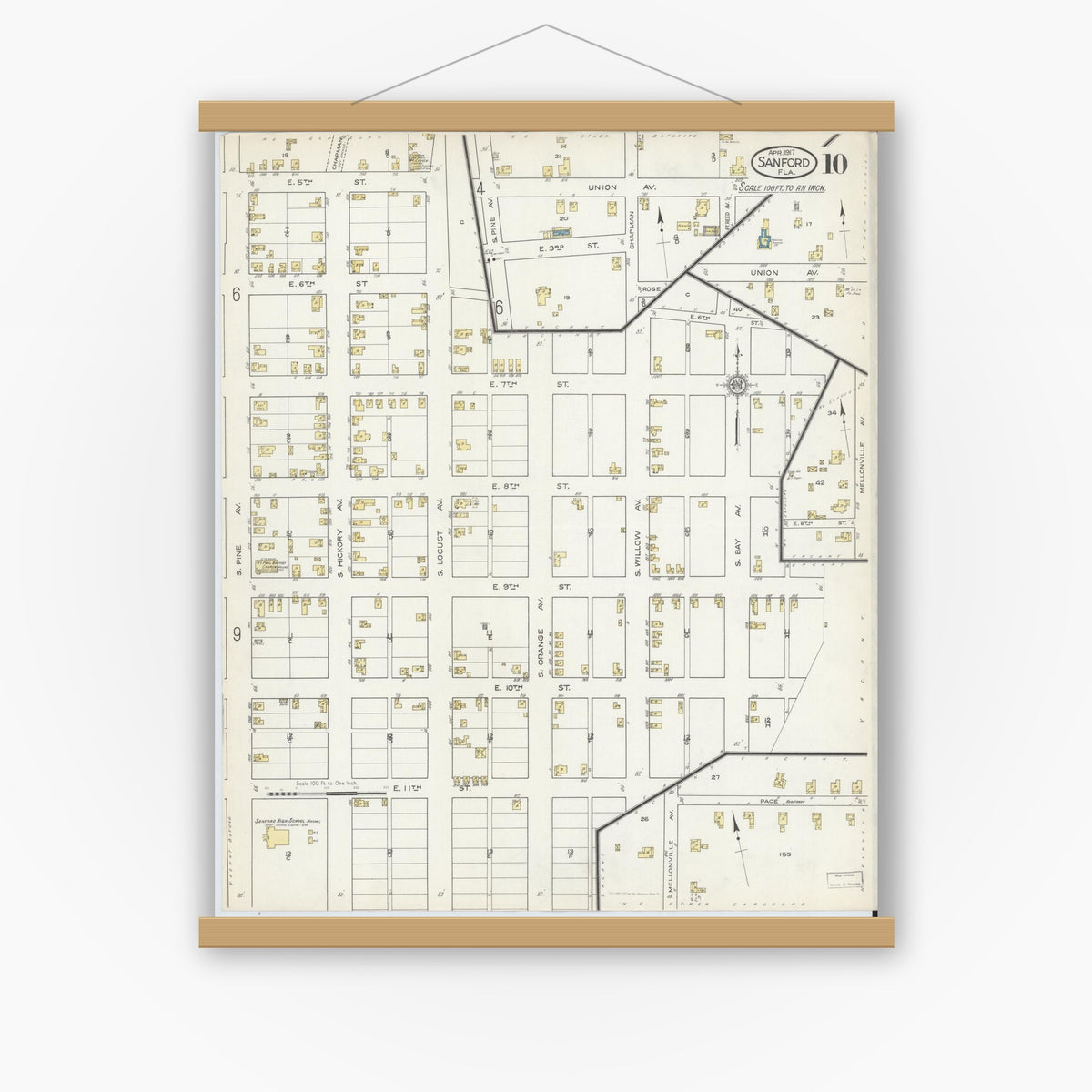 Old map wall art mockup — magnetic wood frame on white wall — Sanborn Fire Insurance Map from Sanford, Seminole County, Florida (1917), Sheet #0010