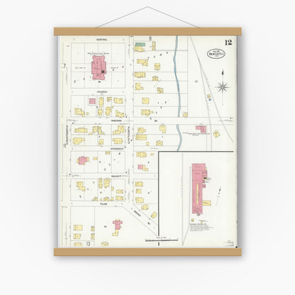 Old map wall art mockup — magnetic wood frame on white wall — Sanborn Fire Insurance Map from New Castle, Henry County, Indiana (1908), Sheet #0012
