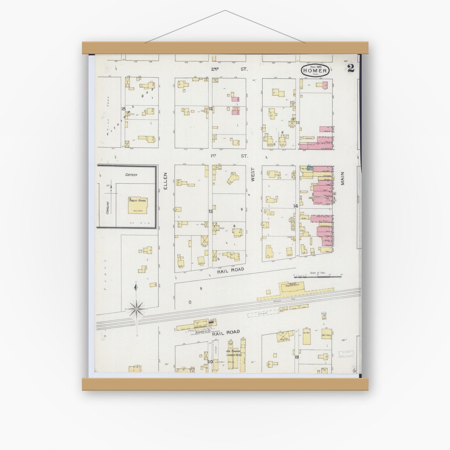 Old map wall art mockup — magnetic wood frame on white wall — Sanborn Fire Insurance Map from Homer, Champaign County, Illinois (1893), Sheet #0002