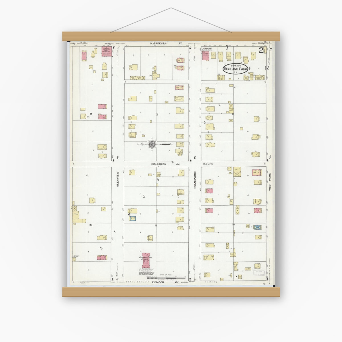Old map wall art mockup — magnetic wood frame on white wall — Sanborn Fire Insurance Map from Highland Park, Lake County, Illinois (1918), Sheet #0002