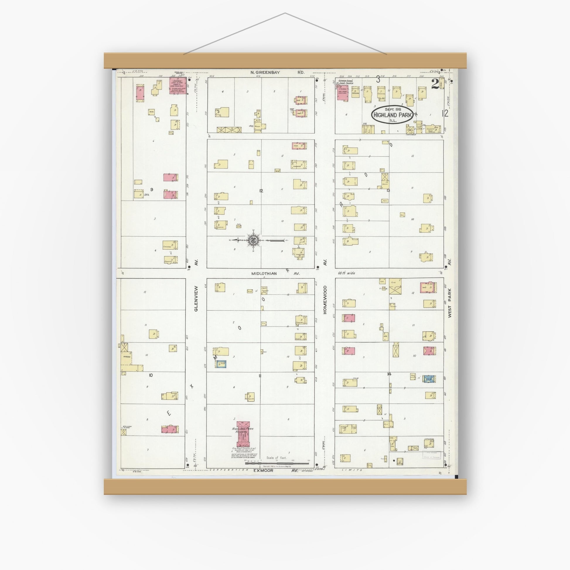 Old map wall art mockup — magnetic wood frame on white wall — Sanborn Fire Insurance Map from Highland Park, Lake County, Illinois (1918), Sheet #0002