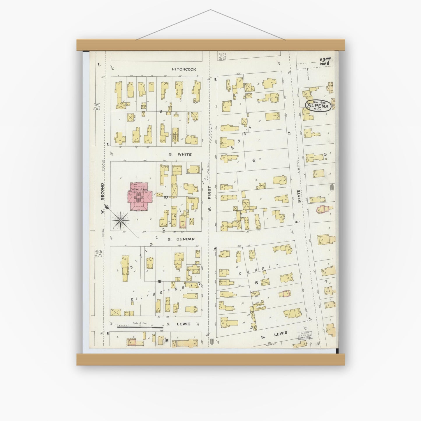 Old map wall art mockup — magnetic wood frame on white wall — Sanborn Fire Insurance Map from Alpena, Alpena County, Michigan (1895), Sheet #0027