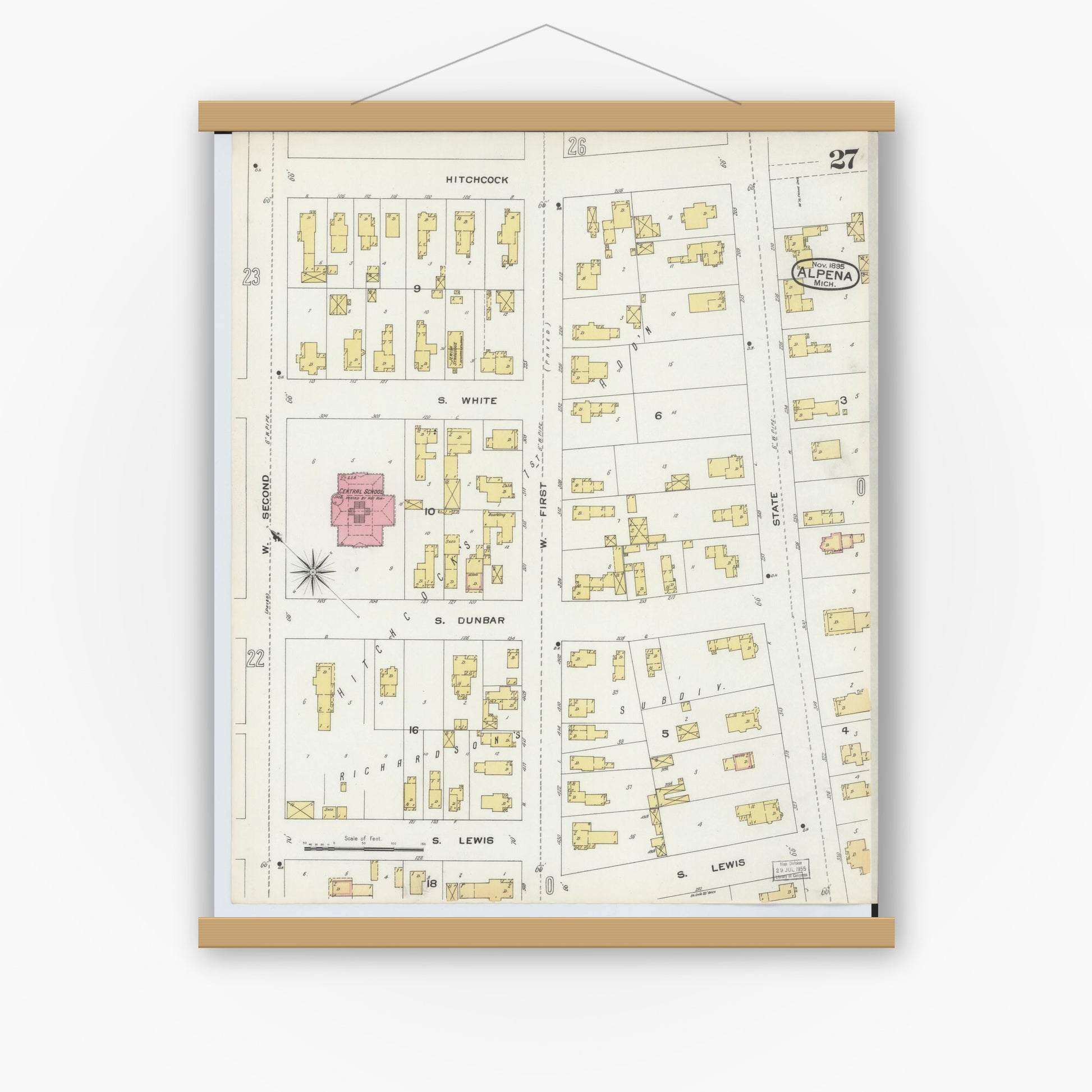 Old map wall art mockup — magnetic wood frame on white wall — Sanborn Fire Insurance Map from Alpena, Alpena County, Michigan (1895), Sheet #0027