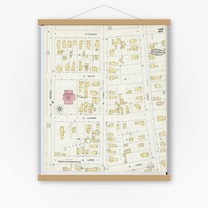 Old map wall art mockup — magnetic wood frame on white wall — Sanborn Fire Insurance Map from Alpena, Alpena County, Michigan (1895), Sheet #0027