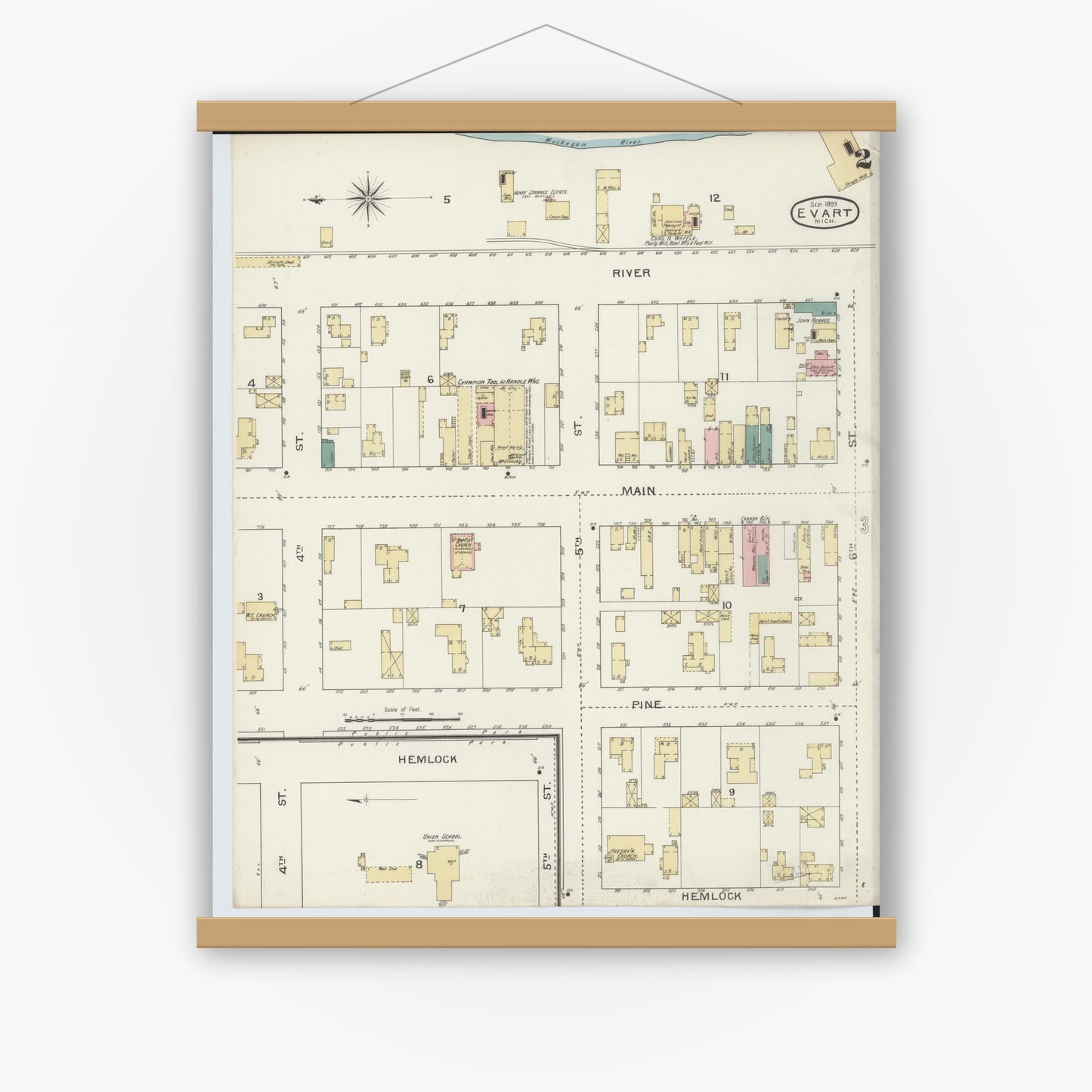 Old map wall art mockup — magnetic wood frame on white wall — Sanborn Fire Insurance Map from Evart, Osceola County, Michigan (1893), Sheet #0002