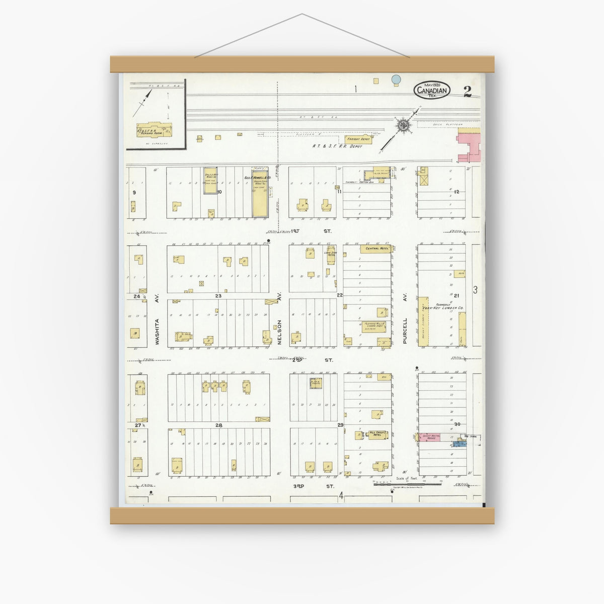 Old map wall art mockup — magnetic wood frame on white wall — Sanborn Fire Insurance Map from Canadian, Hemphill County, Texas (1920), Sheet #0002