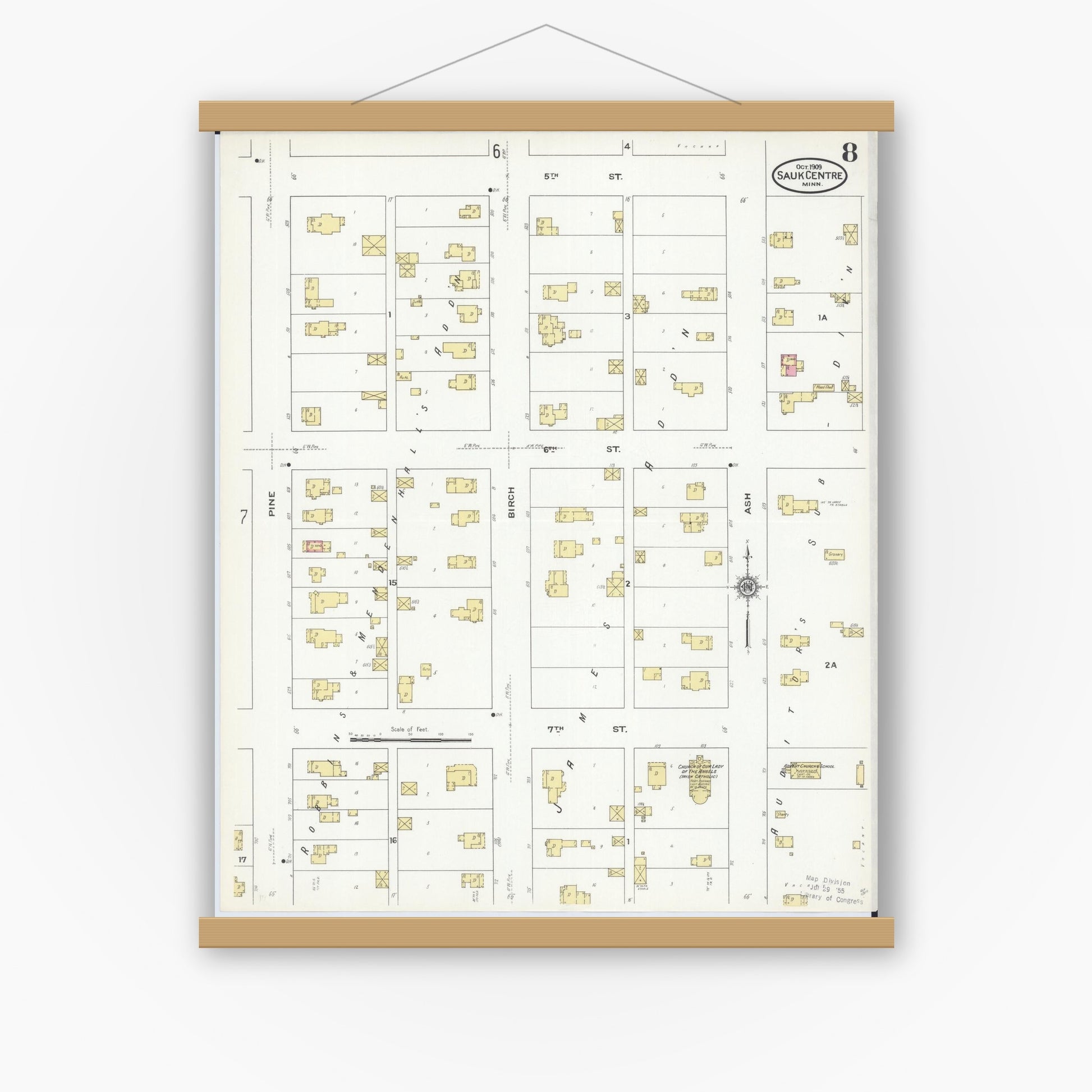 Old map wall art mockup — magnetic wood frame on white wall — Sanborn Fire Insurance Map from Sauk Centre, Stearns County, Minnesota (1909), Sheet #0008