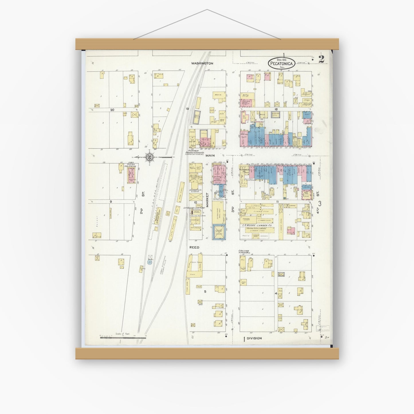 Old map wall art mockup — magnetic wood frame on white wall — Sanborn Fire Insurance Map from Pecatonica, Winnebago County, Illinois (1912), Sheet #0002
