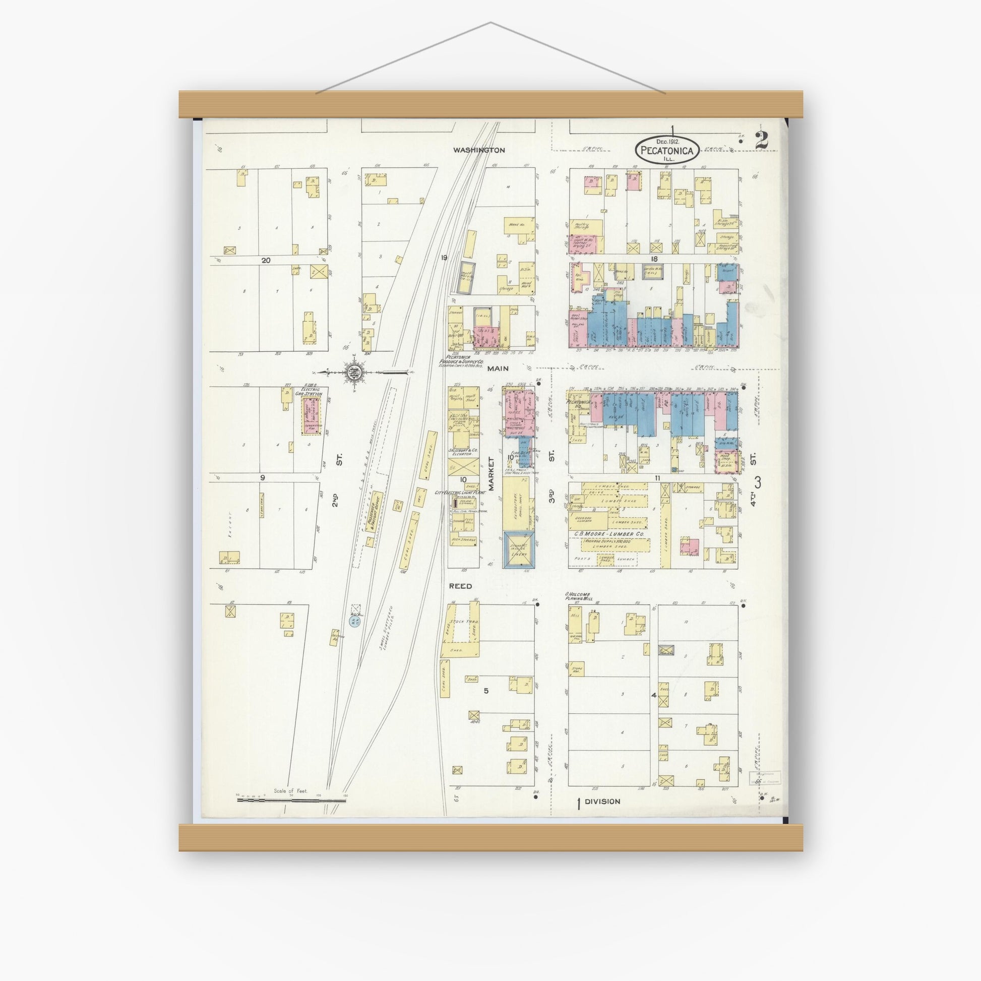 Old map wall art mockup — magnetic wood frame on white wall — Sanborn Fire Insurance Map from Pecatonica, Winnebago County, Illinois (1912), Sheet #0002