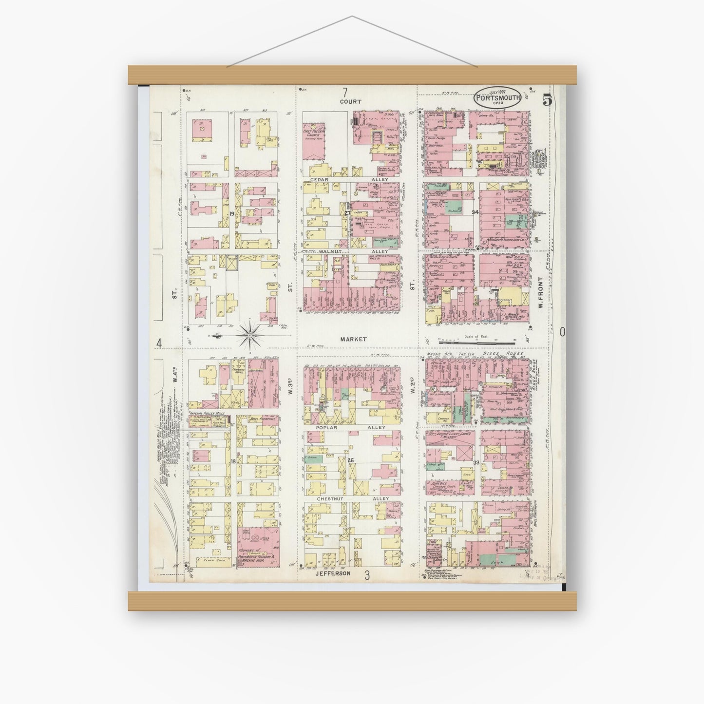 Old map wall art mockup — magnetic wood frame on white wall — Sanborn Fire Insurance Map from Portsmouth, Scioto County, Ohio (1897), Sheet #0005