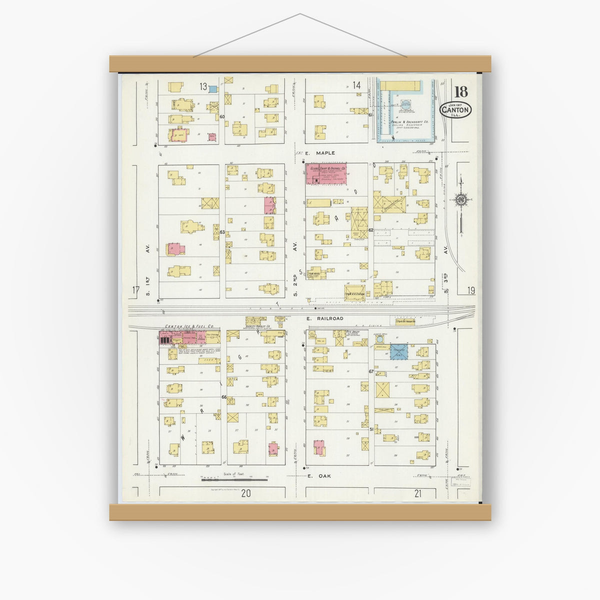 Old map wall art mockup — magnetic wood frame on white wall — Sanborn Fire Insurance Map from Canton, Fulton County, Illinois (1917), Sheet #0018