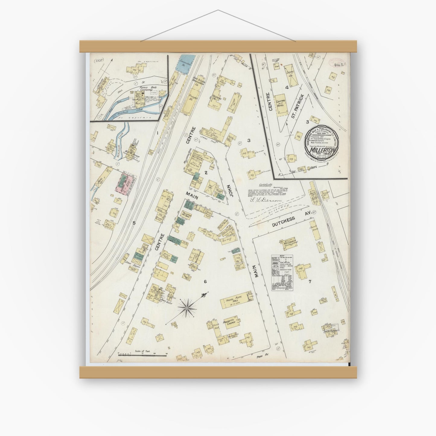 Old map wall art mockup — magnetic wood frame on white wall — Sanborn Fire Insurance Map from Millerton, Dutchess County, New York (1889), Sheet #0001