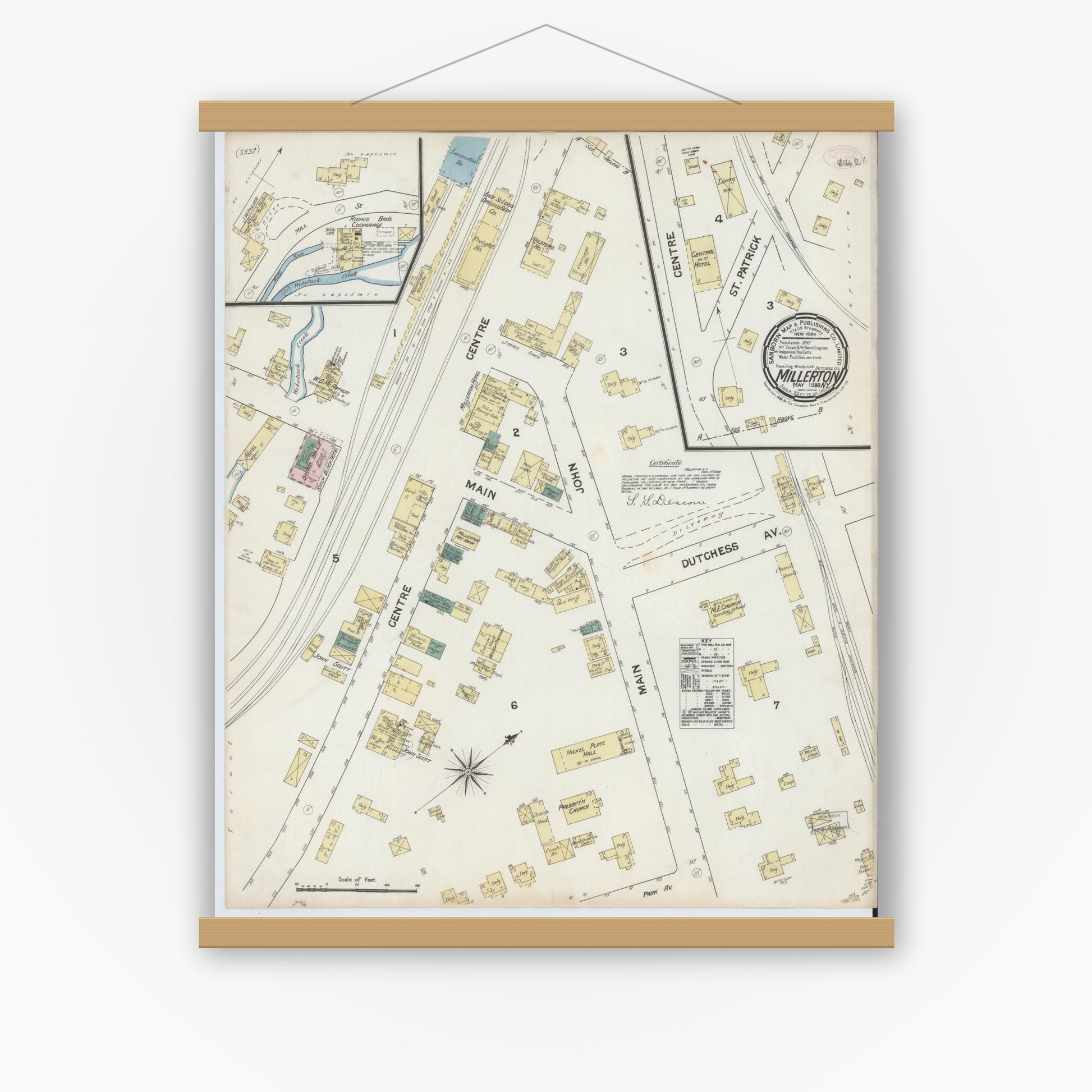 Old map wall art mockup — magnetic wood frame on white wall — Sanborn Fire Insurance Map from Millerton, Dutchess County, New York (1889), Sheet #0001
