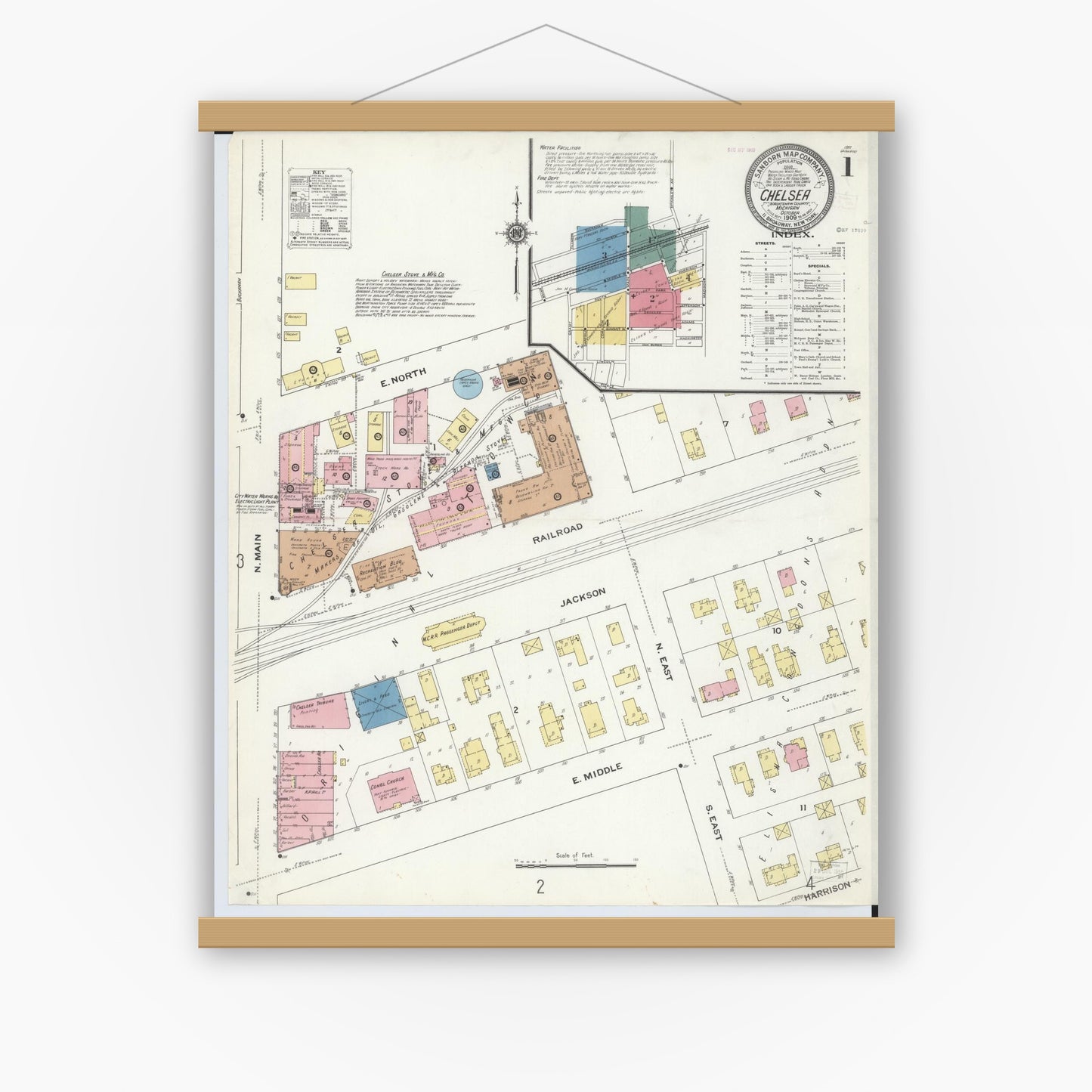 Old map wall art mockup — magnetic wood frame on white wall — Sanborn Fire Insurance Map from Chelsea, Washtenaw County, Michigan (1909), Sheet #0001