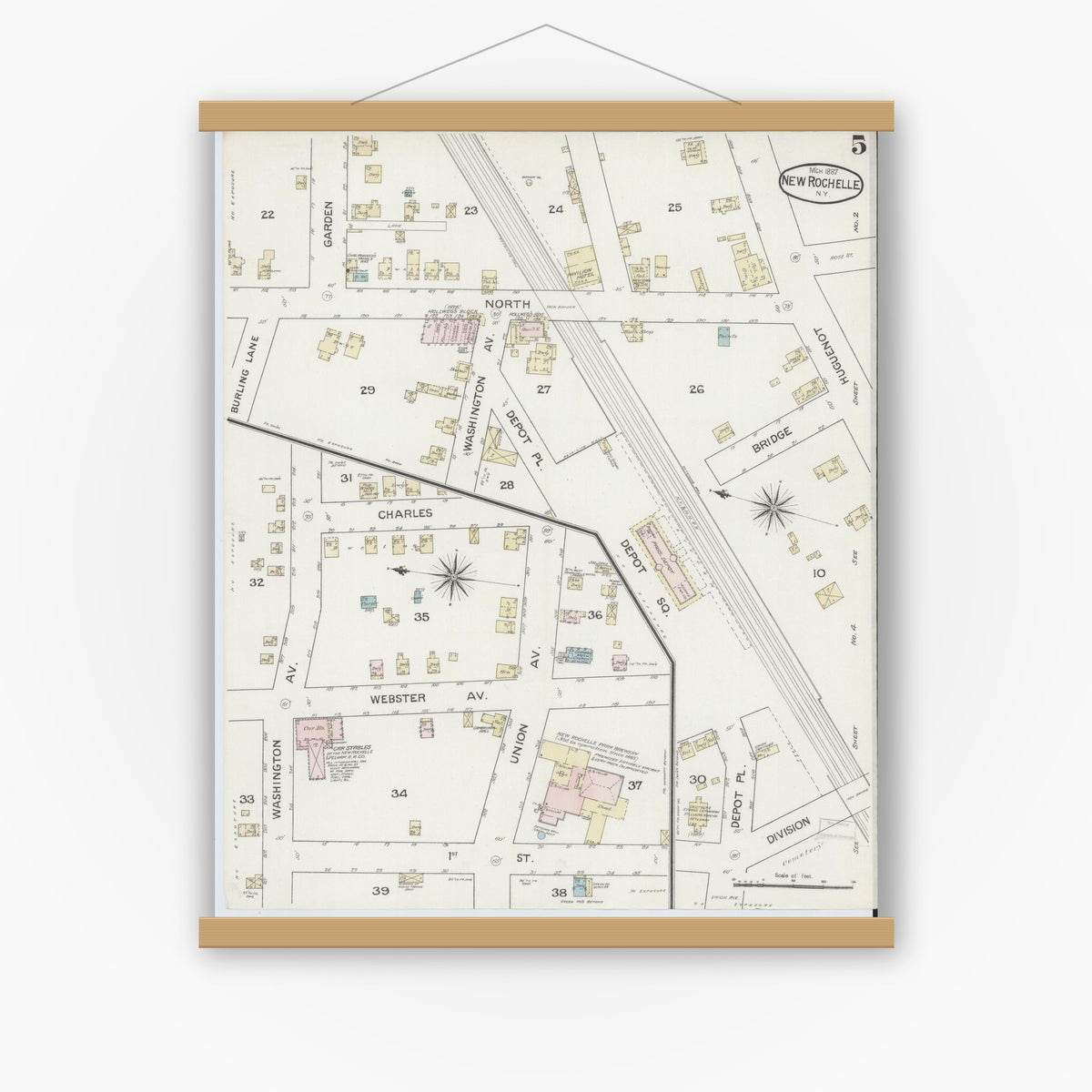 Old map wall art mockup — magnetic wood frame on white wall — Sanborn Fire Insurance Map from New Rochelle, Westchester County, New York (1887), Sheet #0005