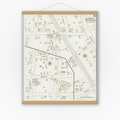 Old map wall art mockup — magnetic wood frame on white wall — Sanborn Fire Insurance Map from New Rochelle, Westchester County, New York (1887), Sheet #0005