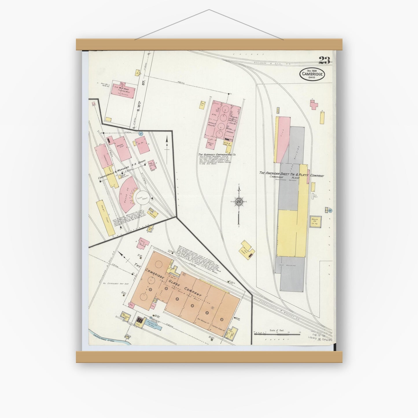 Old map wall art mockup — magnetic wood frame on white wall — Sanborn Fire Insurance Map from Cambridge, Guernsey County, Ohio (1909), Sheet #0023