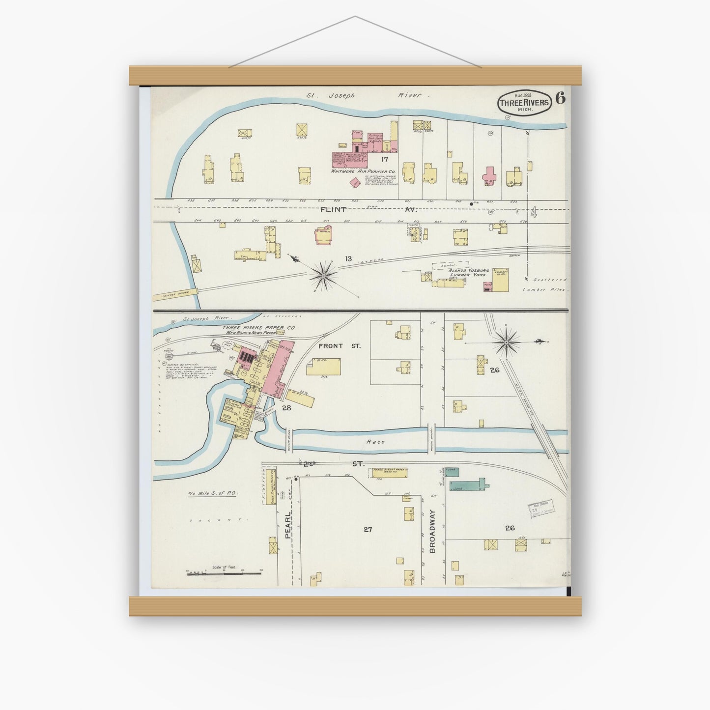 Old map wall art mockup — magnetic wood frame on white wall — Sanborn Fire Insurance Map from Three Rivers, Saint Joseph County, Michigan (1893), Sheet #0006