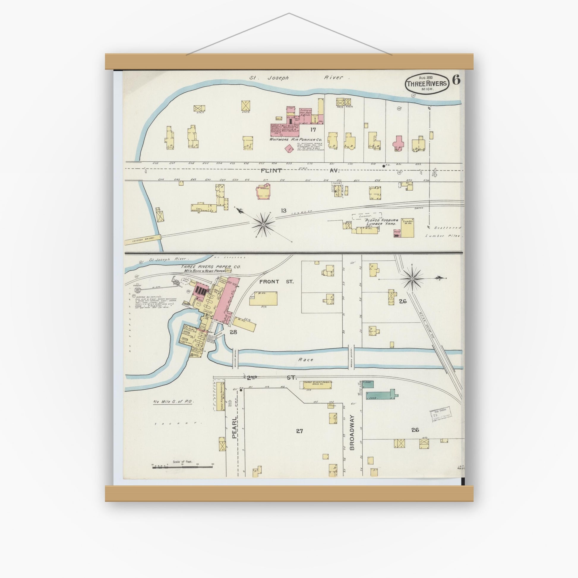 Old map wall art mockup — magnetic wood frame on white wall — Sanborn Fire Insurance Map from Three Rivers, Saint Joseph County, Michigan (1893), Sheet #0006