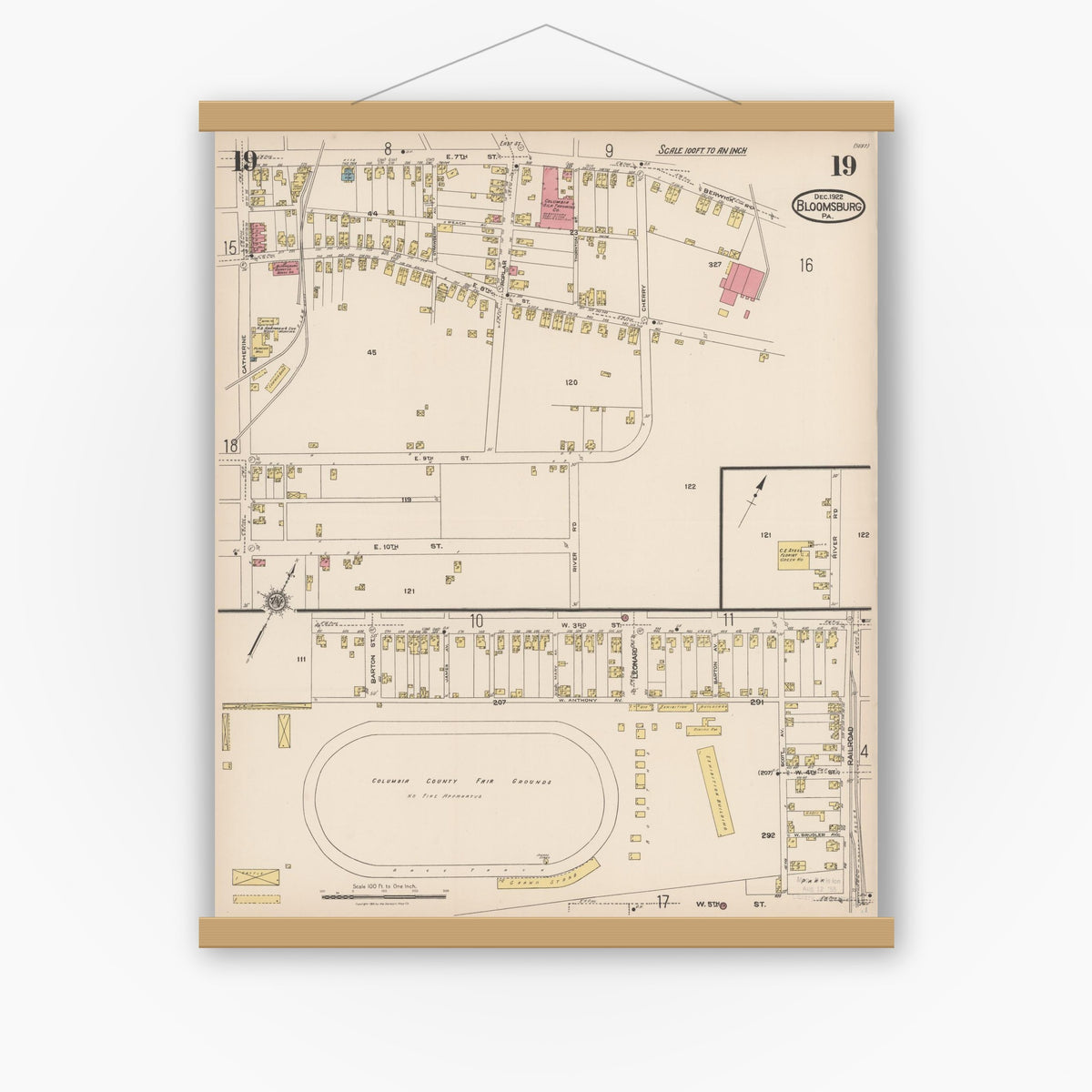 Old map wall art mockup — magnetic wood frame on white wall — Sanborn Fire Insurance Map from Bloomsburg, Columbia County, Pennsylvania (1922), Sheet #0019