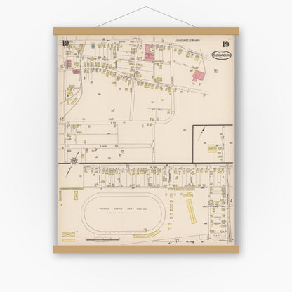 Old map wall art mockup — magnetic wood frame on white wall — Sanborn Fire Insurance Map from Bloomsburg, Columbia County, Pennsylvania (1922), Sheet #0019