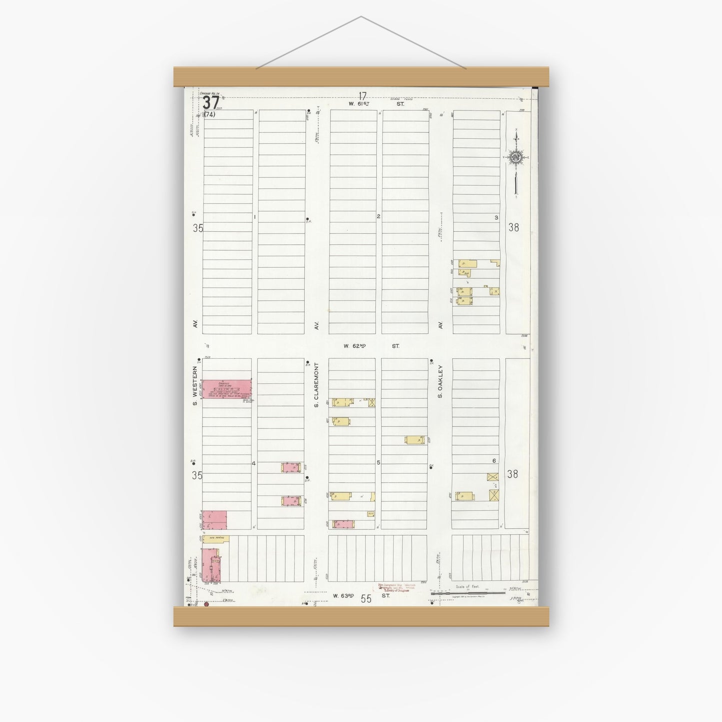 Old map wall art mockup — magnetic wood frame on white wall — Sanborn Fire Insurance Map from Chicago, Cook County, Illinois (1920), Sheet #0037