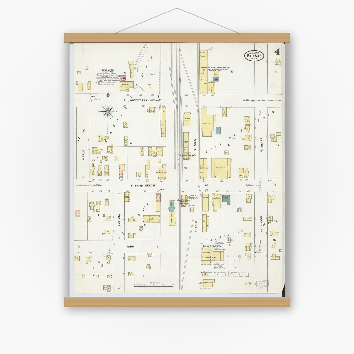 Old map wall art mockup — magnetic wood frame on white wall — Sanborn Fire Insurance Map from Bad Axe, Huron County, Michigan (1909), Sheet #0004