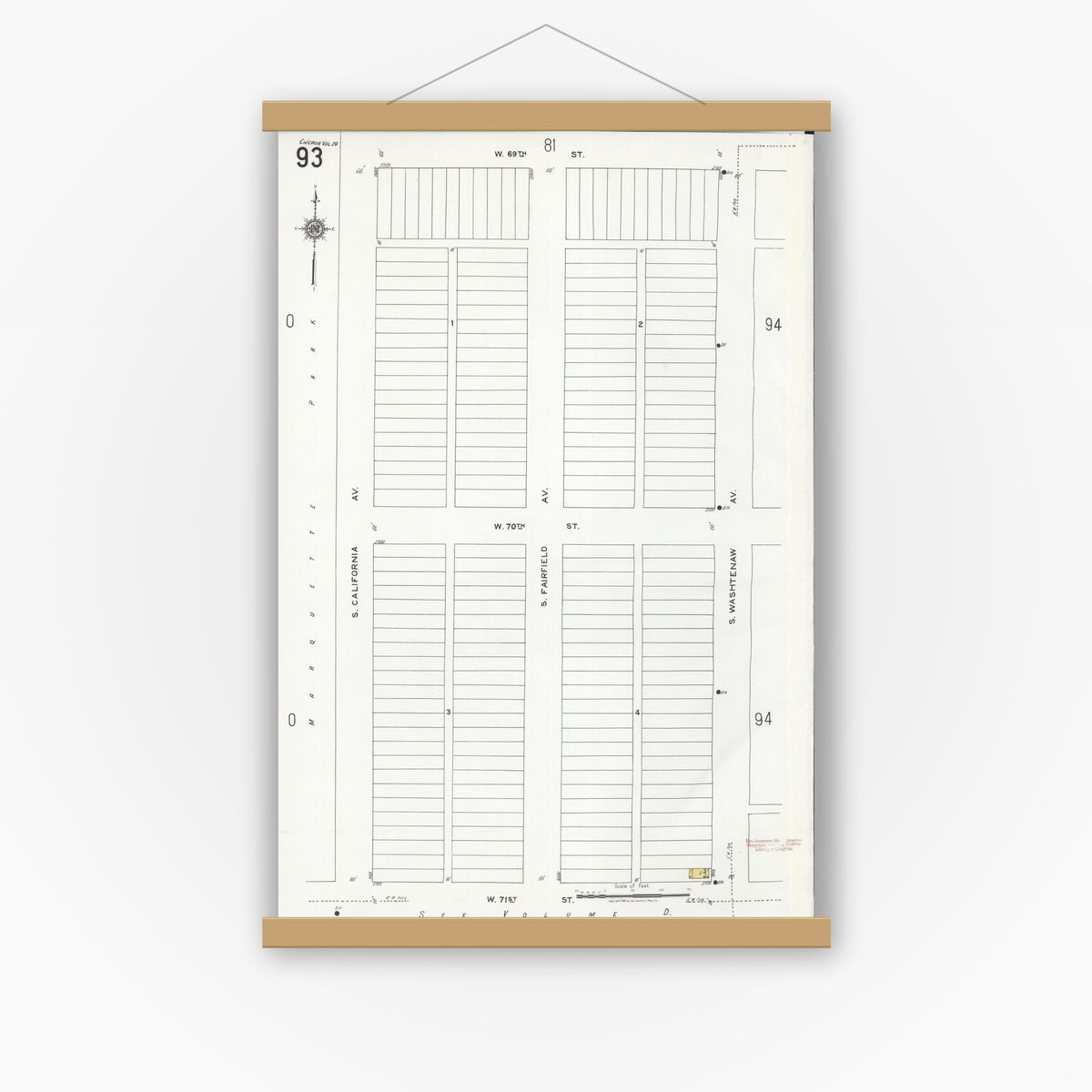 Old map wall art mockup — magnetic wood frame on white wall — Sanborn Fire Insurance Map from Chicago, Cook County, Illinois (1920), Sheet #0093