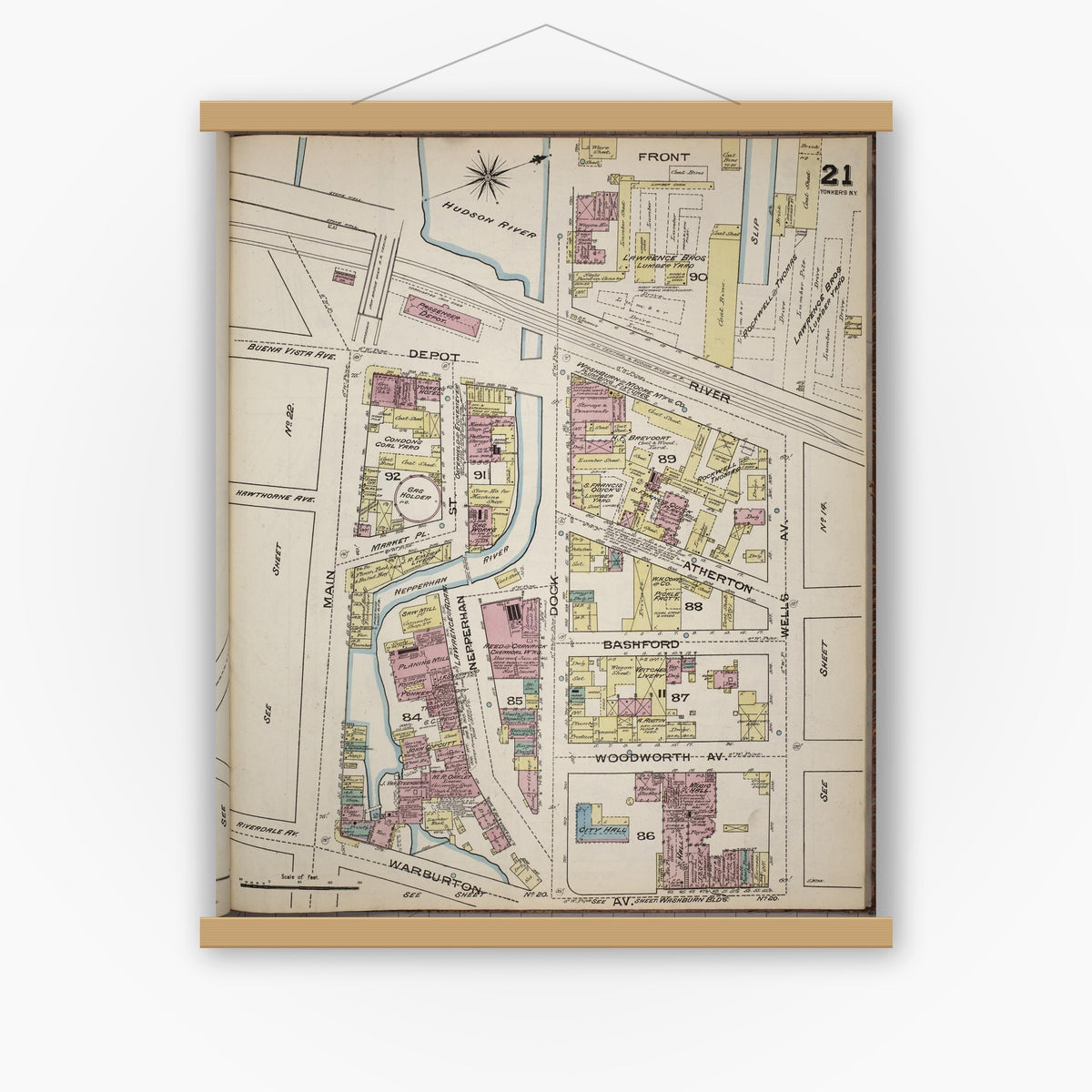 Old map wall art mockup — magnetic wood frame on white wall — Sanborn Fire Insurance Map from Yonkers, Westchester County, New York (1886), Sheet #0021