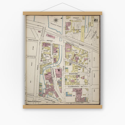 Old map wall art mockup — magnetic wood frame on white wall — Sanborn Fire Insurance Map from Yonkers, Westchester County, New York (1886), Sheet #0021