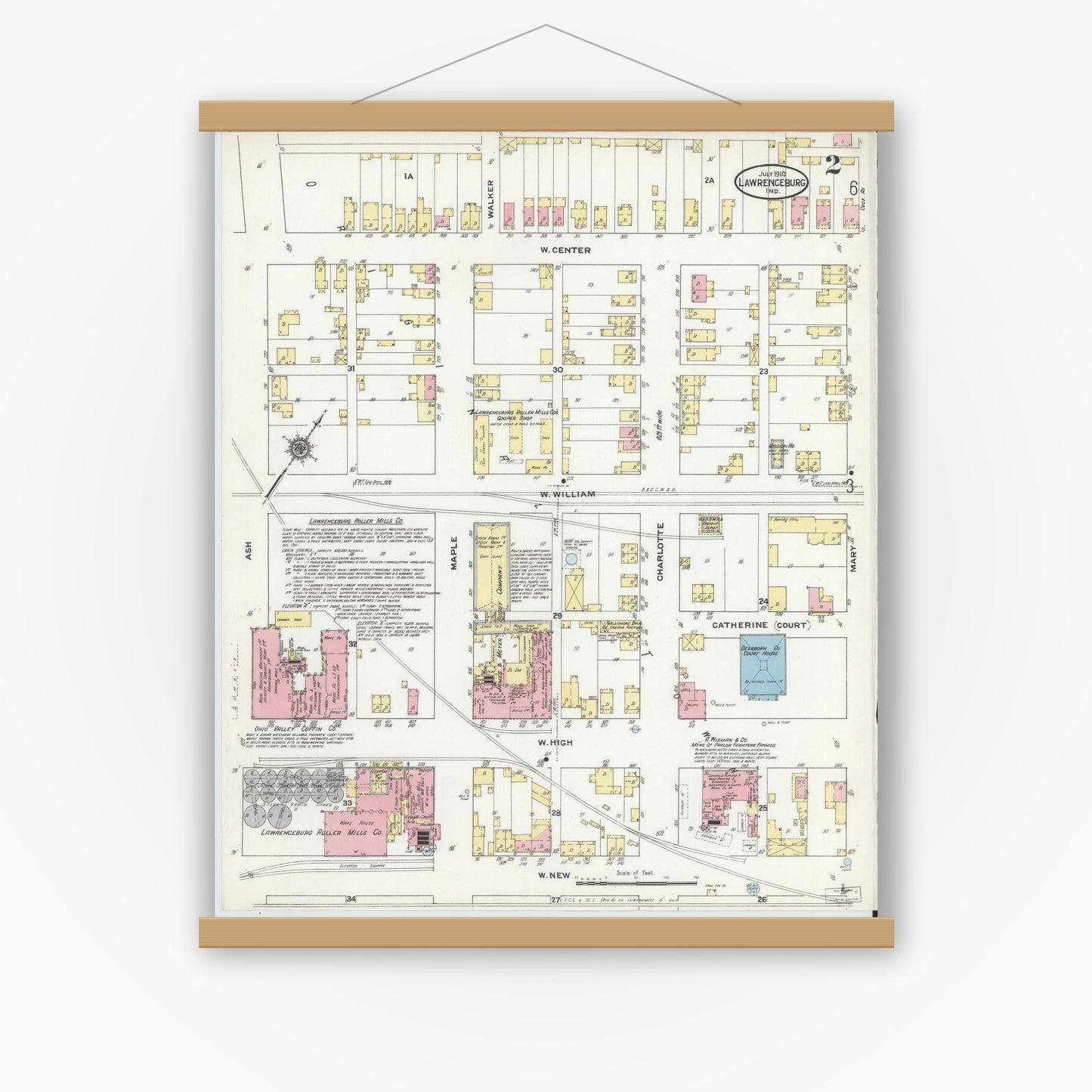 Old map wall art mockup — magnetic wood frame on white wall — Sanborn Fire Insurance Map from Lawrenceburg, Dearborn County, Indiana (1910), Sheet #0002