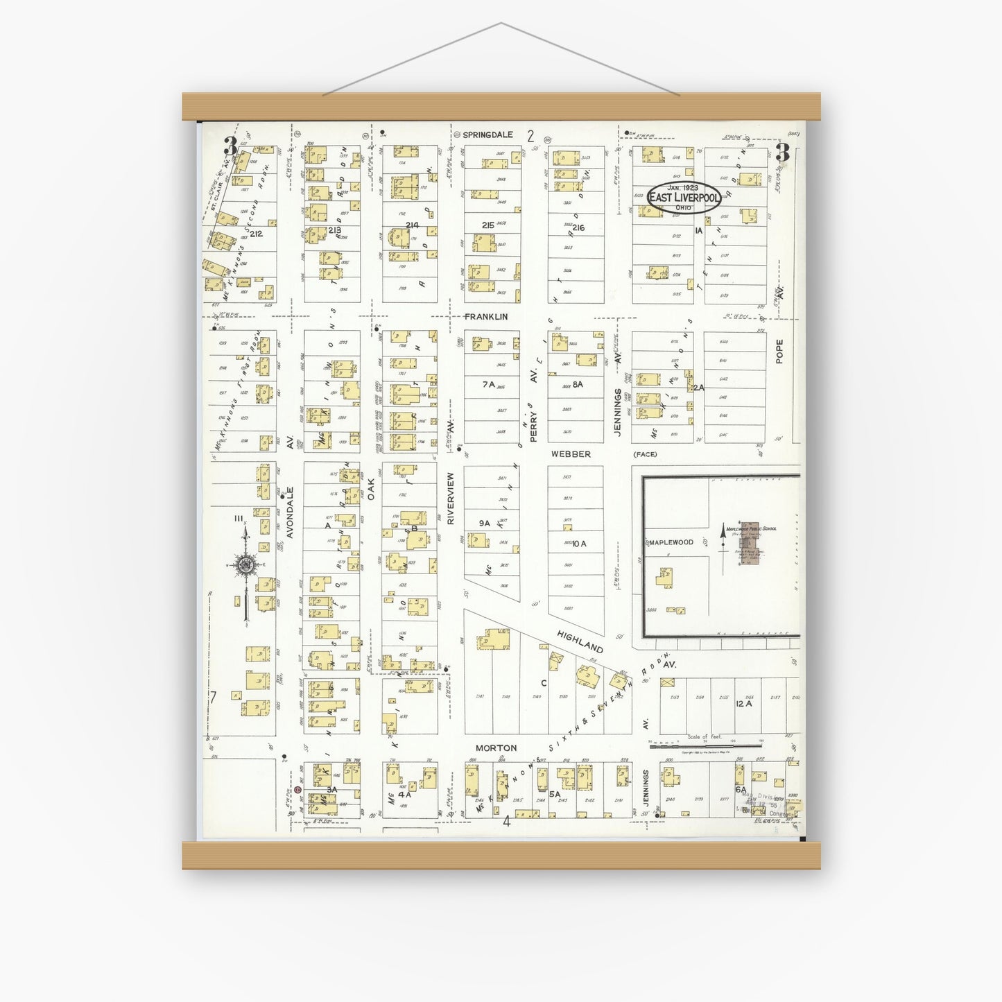 Old map wall art mockup — magnetic wood frame on white wall — Sanborn Fire Insurance Map from East Liverpool, Columbiana County, Ohio (1923), Sheet #0003