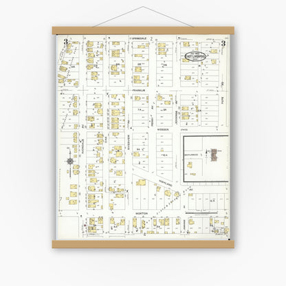 Old map wall art mockup — magnetic wood frame on white wall — Sanborn Fire Insurance Map from East Liverpool, Columbiana County, Ohio (1923), Sheet #0003