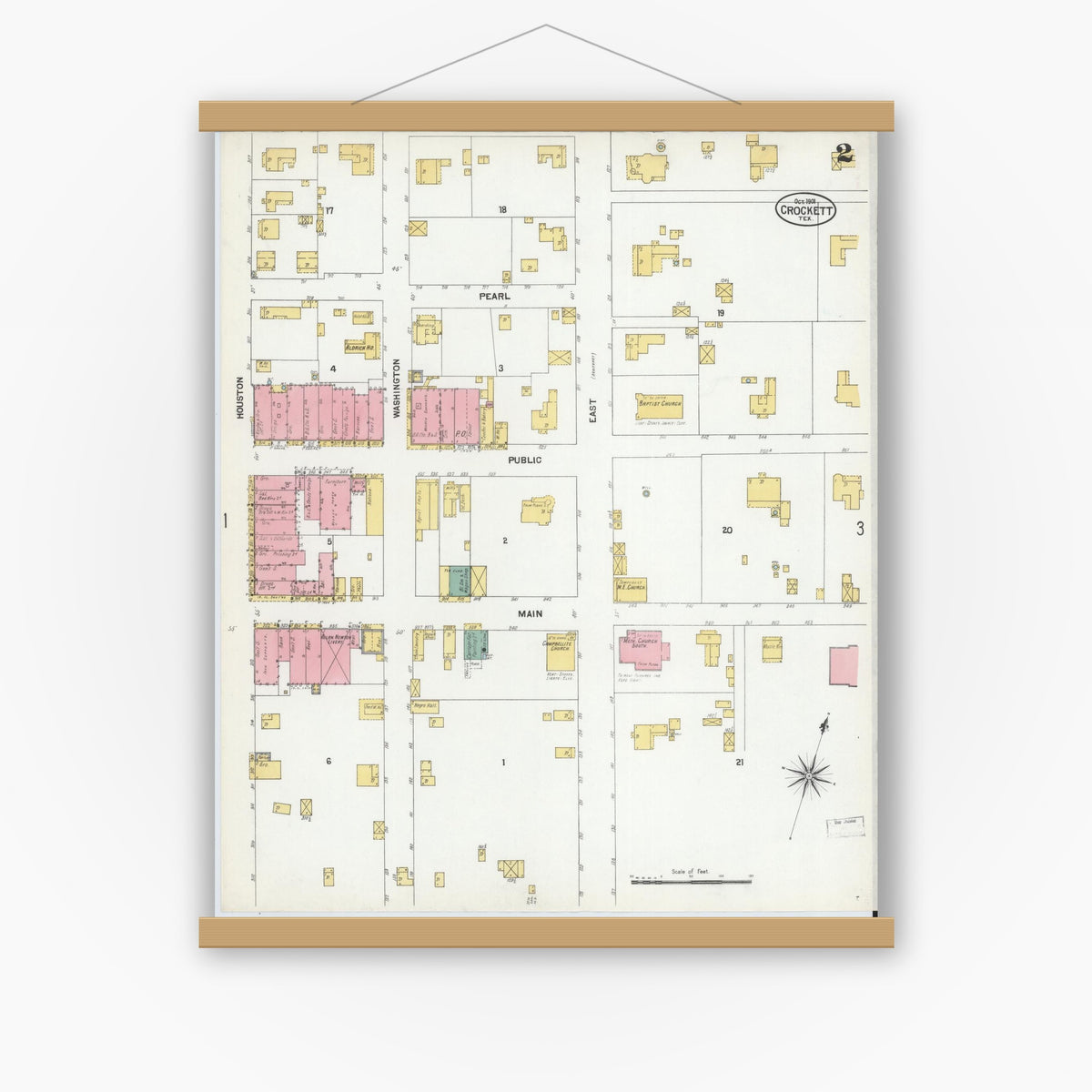 Old map wall art mockup — magnetic wood frame on white wall — Sanborn Fire Insurance Map from Crockett, Houston County, Texas (1901), Sheet #0002