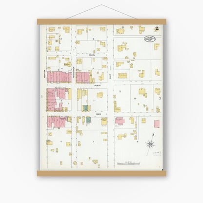 Old map wall art mockup — magnetic wood frame on white wall — Sanborn Fire Insurance Map from Crockett, Houston County, Texas (1901), Sheet #0002