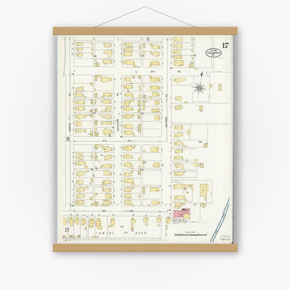 Old map wall art mockup — magnetic wood frame on white wall — Sanborn Fire Insurance Map from Columbus, Bartholomew County, Indiana (1906), Sheet #0017