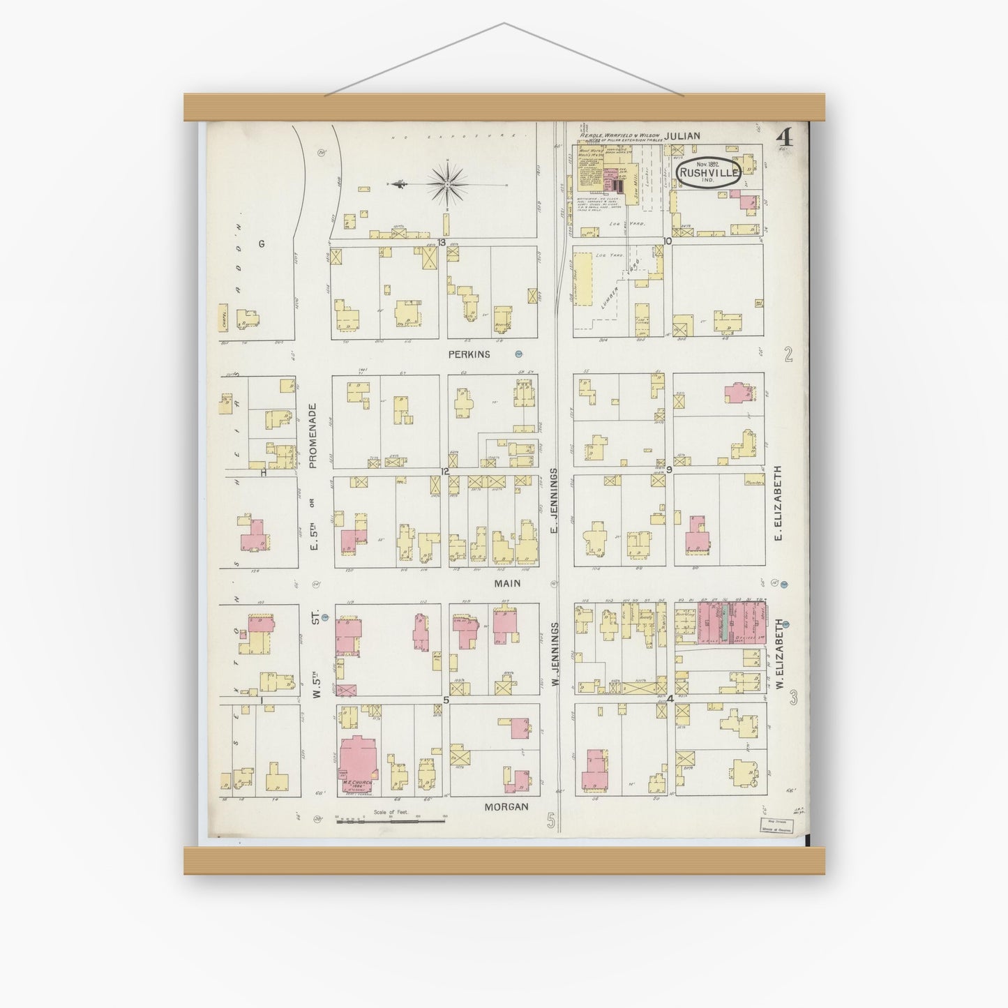 Old map wall art mockup — magnetic wood frame on white wall — Sanborn Fire Insurance Map from Rushville, Rush County, Indiana (1892), Sheet #0004