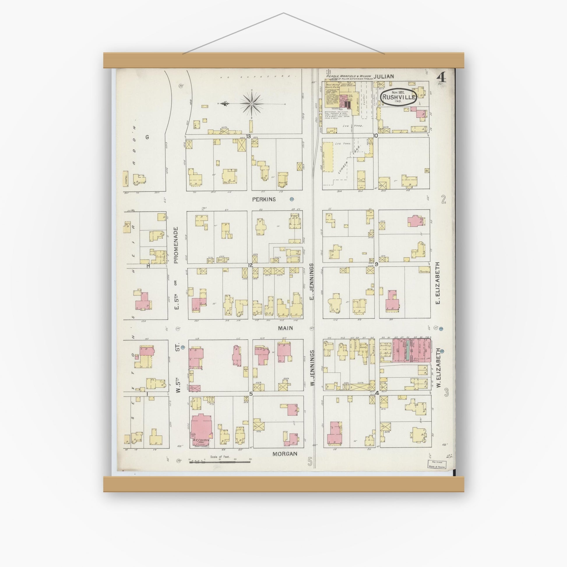 Old map wall art mockup — magnetic wood frame on white wall — Sanborn Fire Insurance Map from Rushville, Rush County, Indiana (1892), Sheet #0004