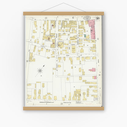Old map wall art mockup — magnetic wood frame on white wall — Sanborn Fire Insurance Map from Peabody, Essex County, Massachusetts (1907), Sheet #0018